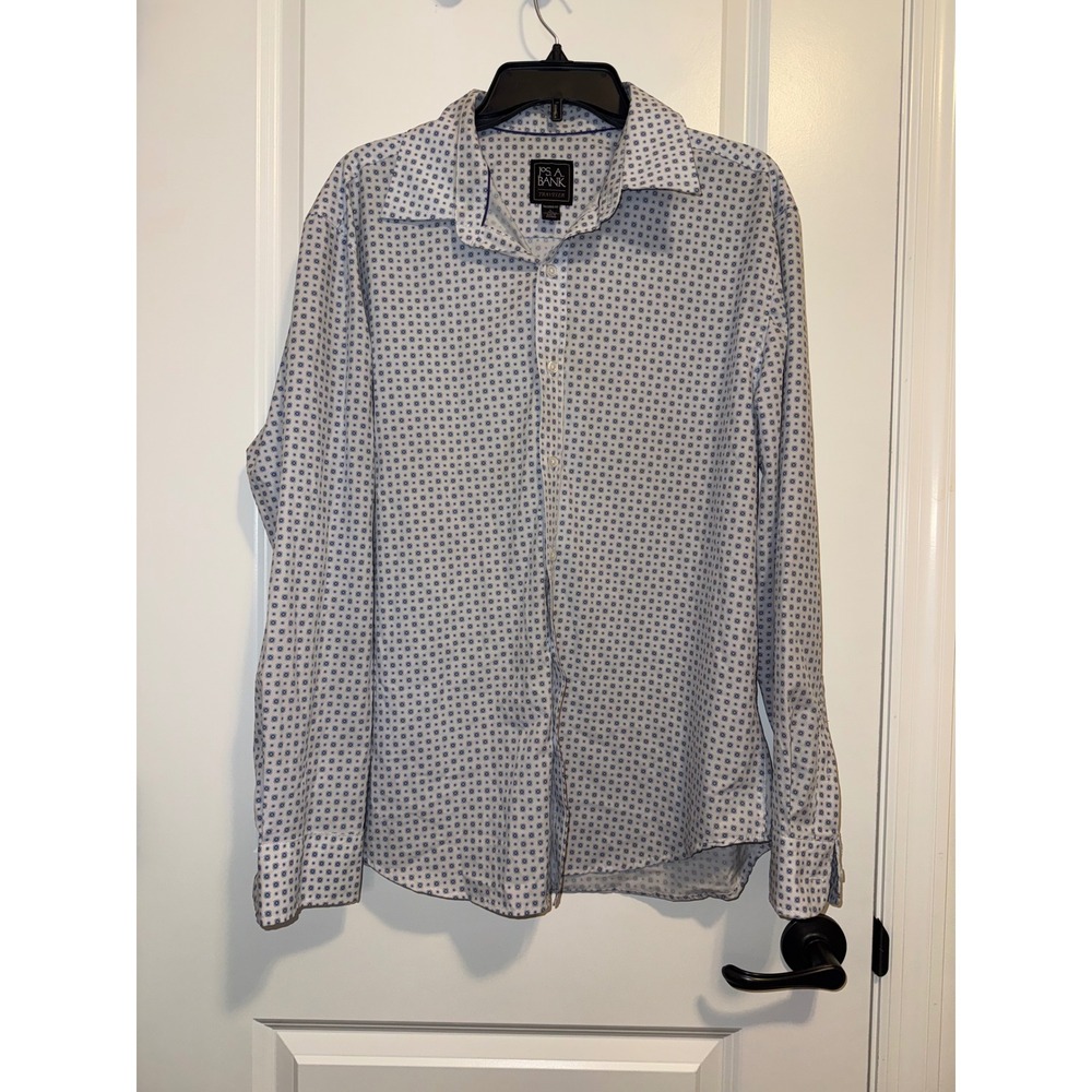 Jos. A. Bank Button Down Mens L Blue Geometric Traveler Tailored Fit Stretch - Picture 3 of 8